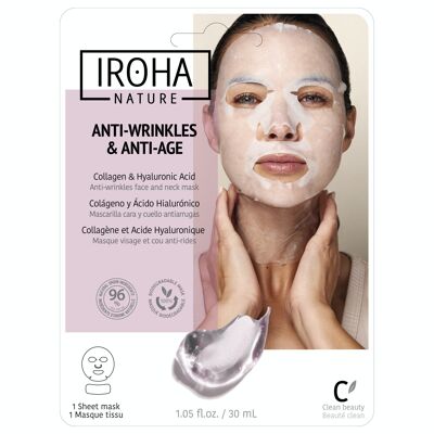 Masque visage et cou ANTI-RIDES et ANTI-ÂGE au collagène et acide hyaluronique - Tissu 100% biodégradable - IROHA NATURE