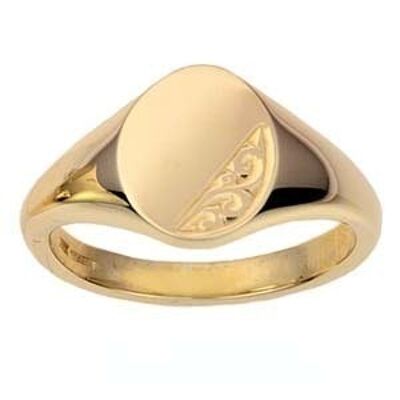 9ct Gold 13x10mm solid hand engraved oval Signet Ring Size J