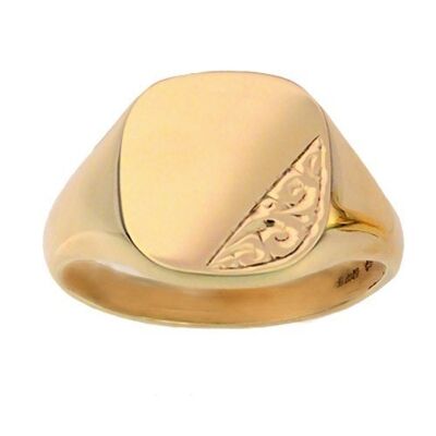 9ct Gold 15x16mm solid hand engraved cushion Signet Ring Size R