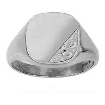Silver 15x16mm solid hand engraved cushion Signet Ring Size R