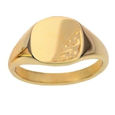 9ct Gold 13x13mm solid hand engraved cushion Signet Ring Size R