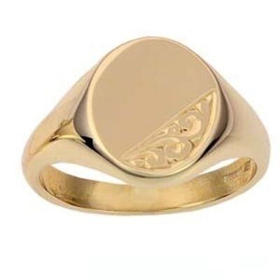 9ct Gold 14x12mm solid hand engraved oval Signet Ring Size N