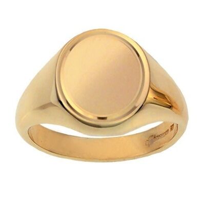 9ct Gold 16x14mm solid engine turned line border oval Signet Ring Size R