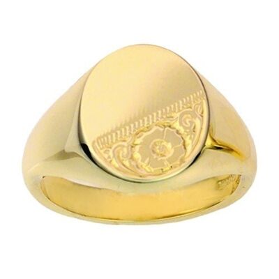 9ct Gold 16x14mm solid hand engraved oval Signet Ring Size V