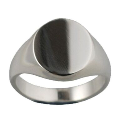 9ct White Gold 16x14mm solid plain oval Signet Ring Size R