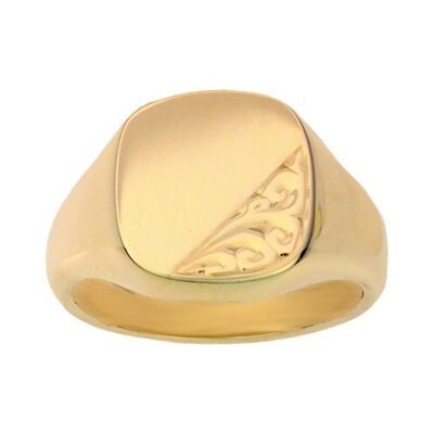 9ct Gold 14x13mm solid hand engraved cushion Signet Ring Size V