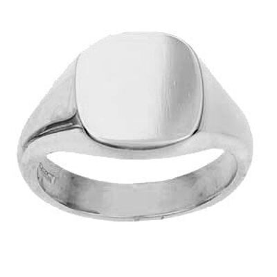 9ct White Gold 14x13mm plain solid cushion Signet Ring Size R