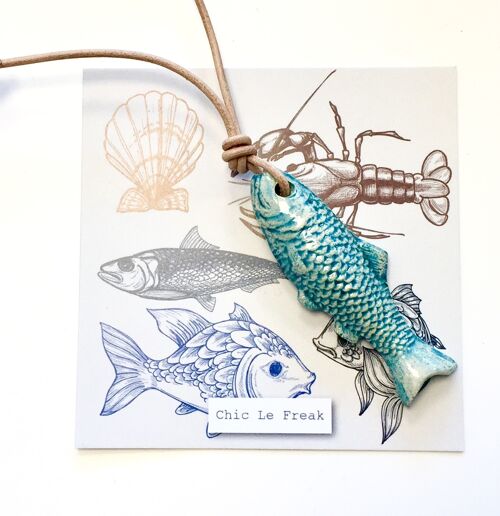 Necklace ceramic fish turquoise naturel cord