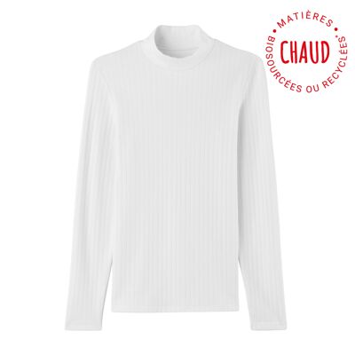 T-shirt Femme manches longues Col montant Coton et Laine CHAUD - Blanc