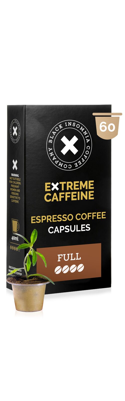 Nespresso© Compatible Pods FULL Flavour by Black Insomnia, 60 pods à 5g, Strong Coffee, Extreme Caffeine