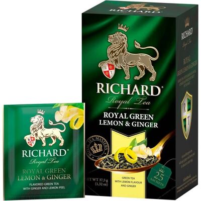 RICHARD ROYAL GREEN LEMON & GINGER, tè verde aromatizzato in bustine, 37,5 g