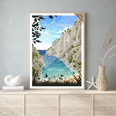 Vintage travel poster and wooden painting for interior decoration / Les Calanques - En Vau