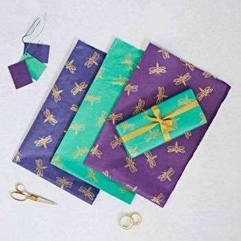 Lot de 3 feuilles de papier cadeau Dragonfly Lokta avec étiquettes 3