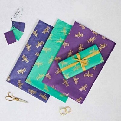 Pack of 3 Dragonfly Lokta Paper Gift Wrap Sheets with Tags