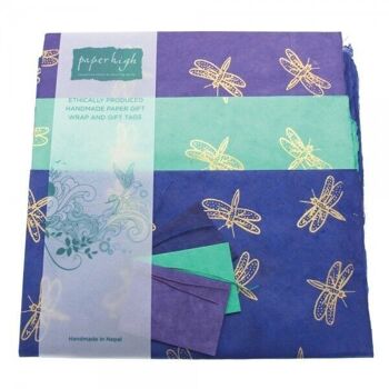 Lot de 3 feuilles de papier cadeau Dragonfly Lokta avec étiquettes 2