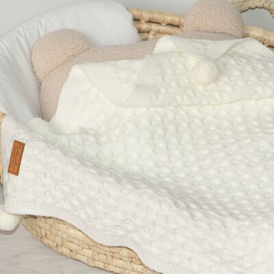 Morbida coperta con pon pon "LILY' milk ecru 70x90