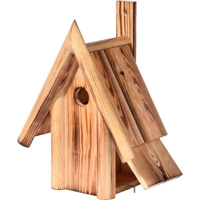 Caja nido con techo inclinado flameado, caja nido para pájaros silvestres, pino (13071e)