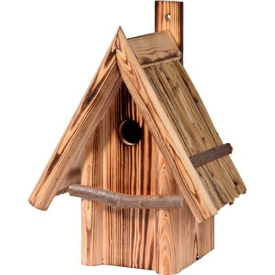 Flamed Nest Box with Reed Pitched Roof, Nesting Box for Wild Birds, Pine (13070e)