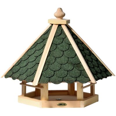 Large Birdhouse with Dark Green Bitumen Shingles Hexagonal Hanging or Standing Wild Bird Feeder Pine Green