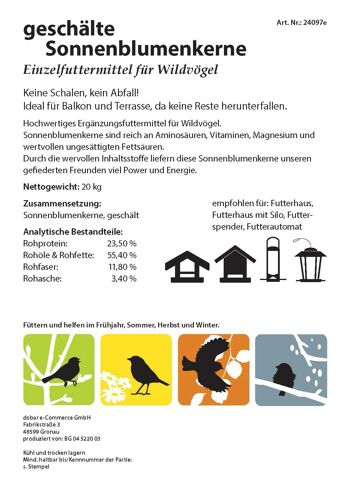 Graines de tournesol décortiquées Sac de nourriture pour oiseaux XL de 20 kg, nourriture pour oiseaux sauvages toute l'année à saupoudrer (24097e) 5