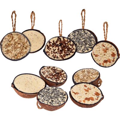 Art. 24090e - 10 filled coconut halves - 5 types of birdseed