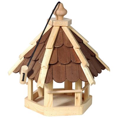 Vogelfutterhaus mit braunen Holzschindeln und Kordel (90638e)