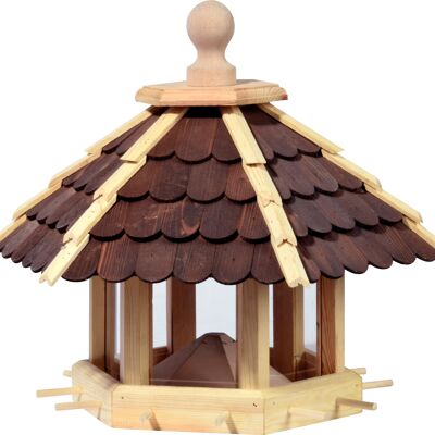 Large aviary with dark wooden shingles, silo, food pyramid (44136e)
