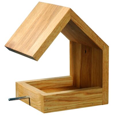 Design bird house with pitched roof and metal approach bar - wall mount - oak