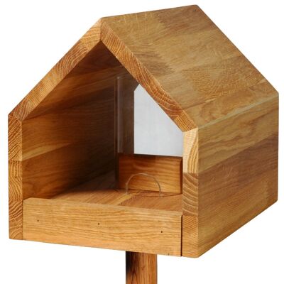 Oak wood bird feeder with pitched roof, feed tray, silo, incl. stand (46601e)