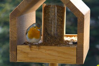 Mangeoire à oiseaux en bois de chêne avec toit incliné, mangeoire, silo, support inclus (46601e) 5