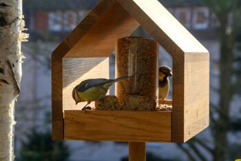 Mangeoire à oiseaux en bois de chêne avec toit incliné, mangeoire, silo, support inclus (46601e) 8