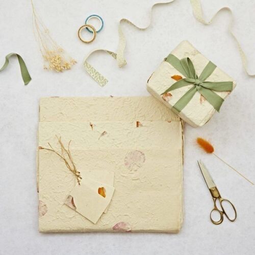Pack of 3 Natural Petal Lokta Paper Gift Wrap Sheets with Tags