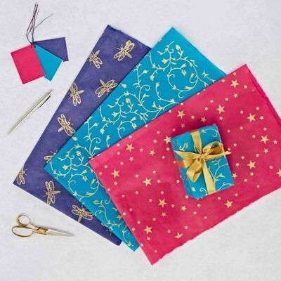Pack of 3 Mixed Lokta Paper Gift Wrap Sheets with Tags (34)
