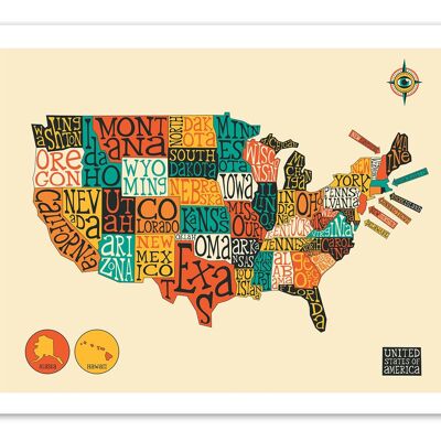 Art-Poster - Mapa de Estados Unidos - Jazzberry Blue W17256