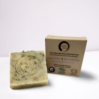 Organic Solid Soap - Lavender & Rosemary with Lavender flowers - 1 piece - 100% paper packaging