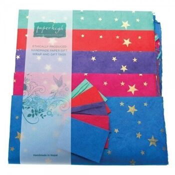 Lot de 5 feuilles de papier cadeau Stars Lokta avec étiquettes 4