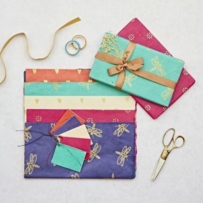 Pack of 5 Mixed Lokta Paper Gift Wrap Sheets with Tags (55)