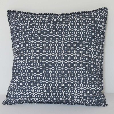 Square cotton cushion with white block print on a Prussian blue background Tessa cross 45x45 cm