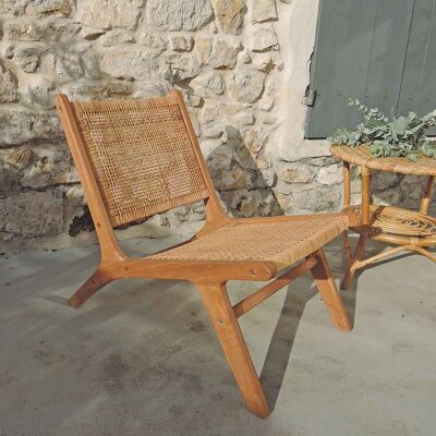 Low lounge armchair in teak wood and rattan weaving Alberto
