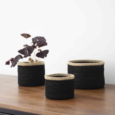 Set of 3 boxes in black seagrass with natural border Bayadère Casatera