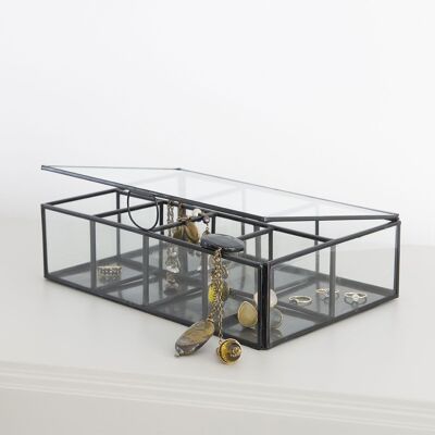 Mira 8-compartment glass and metal jewelry box with matte black finish
