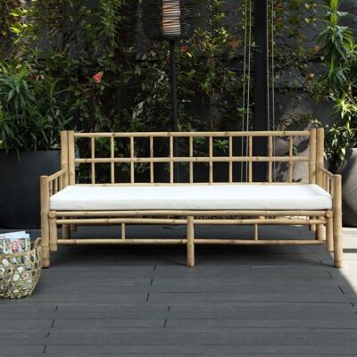 Banquette de jardin en bambou naturel avec coussin écru en coton canvas Taman