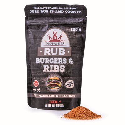 Poppamies Burgers & Ribs BBQ Rub, Marinade sèche et assaisonnement Parfait pour le bœuf, le porc – Idéal pour le gril, le four, la chaudière et la poêle – Meilleur barbecue américain – Grand paquet (200 g)