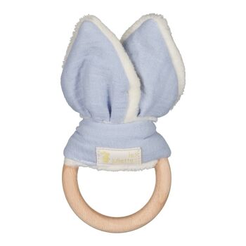 Anneau de dentition Montessori oreilles lapin - jouet en bois et double gaze coton bleu glacier