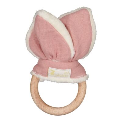 Mordedor orejas de conejo Montessori - juguete de madera y doble gasa de algodón rosa envejecido