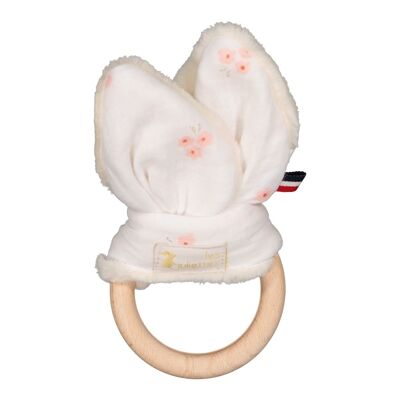 Anello da dentizione Montessori orecchie di coniglio - giocattolo in legno e fiori bianchi in doppia garza di cotone