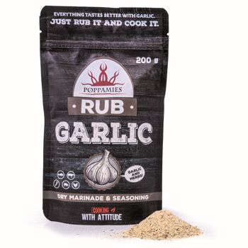 Poppamies Garlic Rub, Dry Marinade & Assaisonnement Parfait pour le poisson, le bœuf, les légumes, le porc, le poulet – Idéal pour le gril, le barbecue, le four, la chaudière et la poêle – Grand paquet (200 g) 1