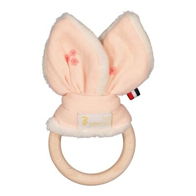 Montessori teething ring rabbit ears - wooden toy and double cotton gauze pink flowers