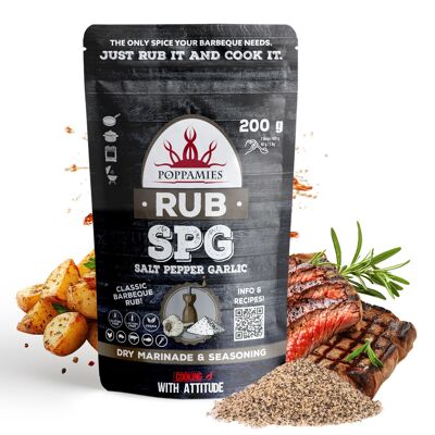 Poppamies Salt Pepper Garlic RUB, Dry Marinade & Seasoning Perfect for Chicken, Vegies, Fish, Beef, Pork - Great in The Grill, Oven, Boiler and Pan - Paquete grande (200 g)