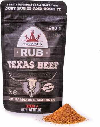 Poppamies Texas Beef BBQ Rub, marinade sèche et assaisonnement pour barbecue Perfect Beef, Porc - Idéal pour le gril, le barbecue, le four, la chaudière et la poêle - Grand paquet (200 g) 1
